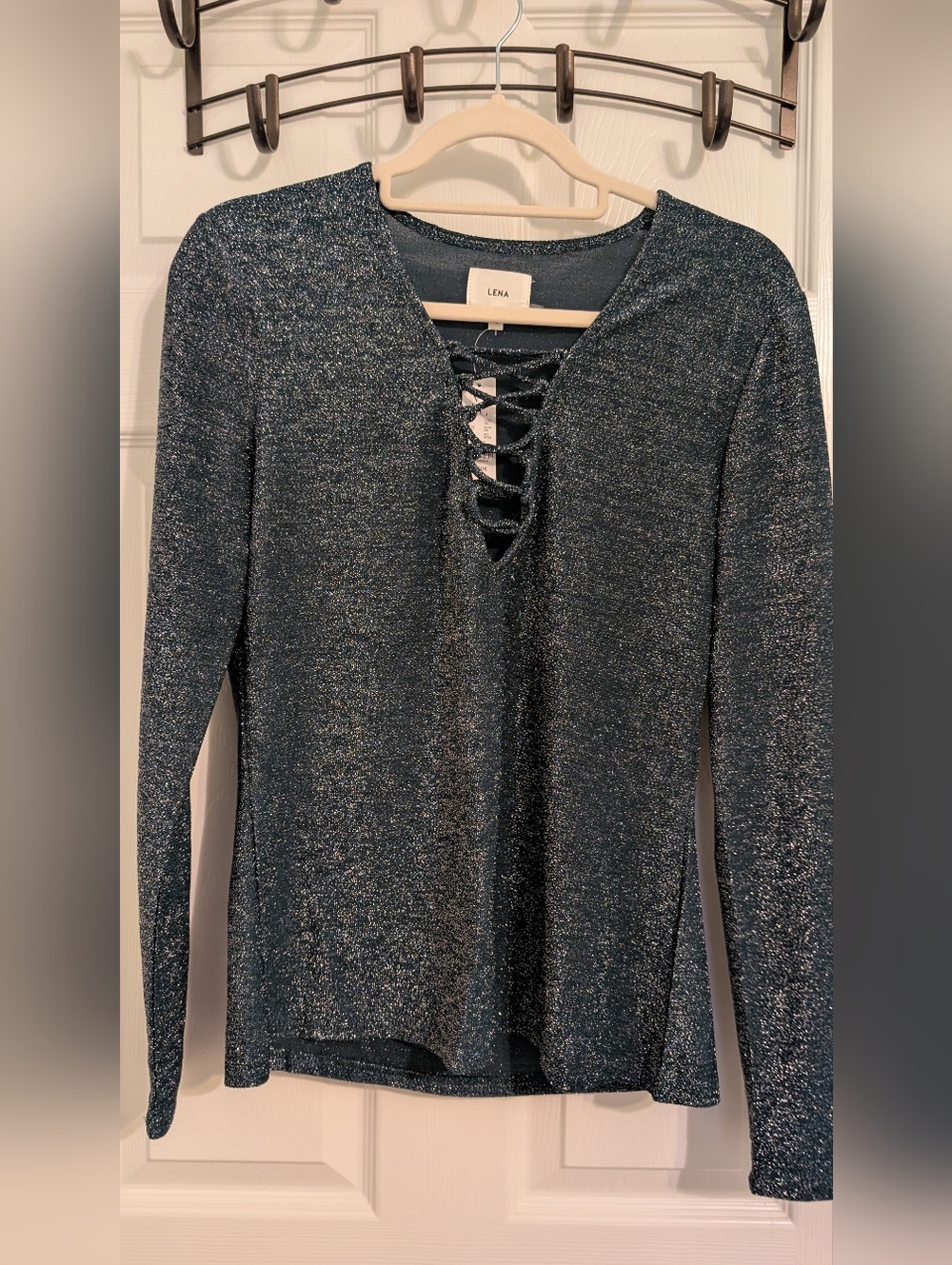 Lena Metallic Lace-Up V-Neck Top - Shimmering Teal